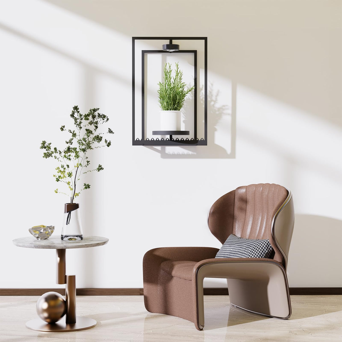 Shineled wall plant holder showing remote control for light settings.