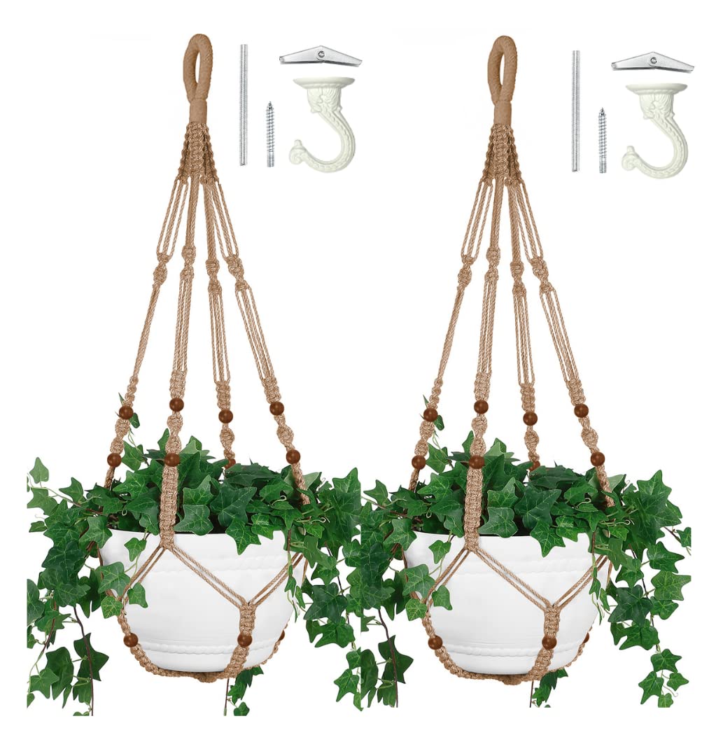 Shineloha 2-pack 43-inch macrame planter hanger with a 12-inch pot for indoor greenery.