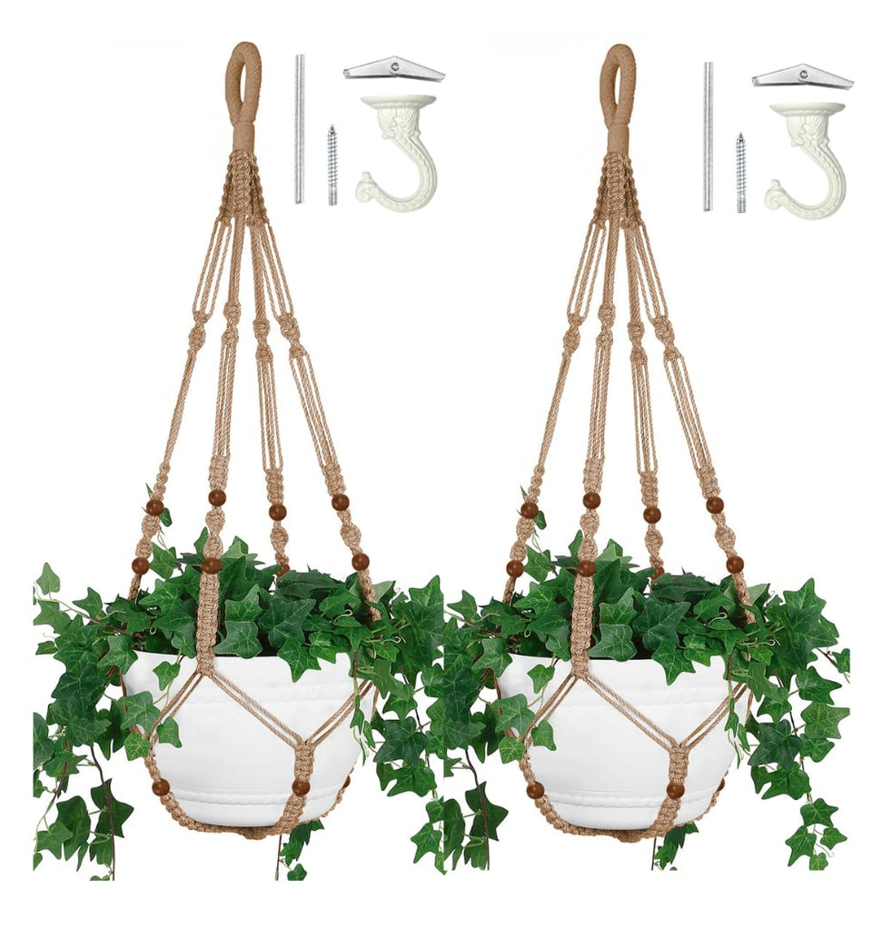 Shineloha 2-pack 43-inch macrame planter hanger with a 12-inch pot for indoor greenery.