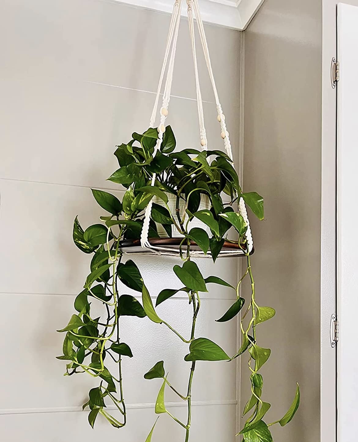 Shineloha 26-inch macrame plant hanger with wood shelf for versatile indoor decor