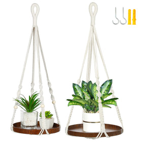 Shineloha 41-inch macrame plant hanger with natural wood shelf for lush indoor display