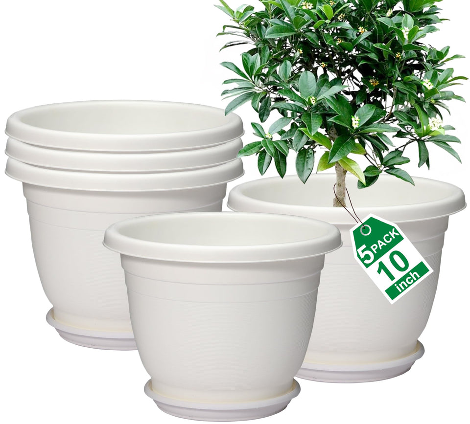 Shineloha 5-pack 10-inch plant pots with saucers for indoor and outdoor use