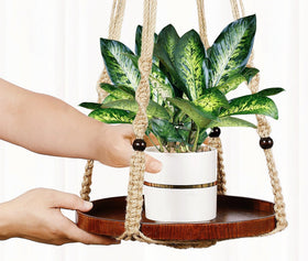 Shineloha natural wood shelves pair with macrame hangers for warm, earthy display
