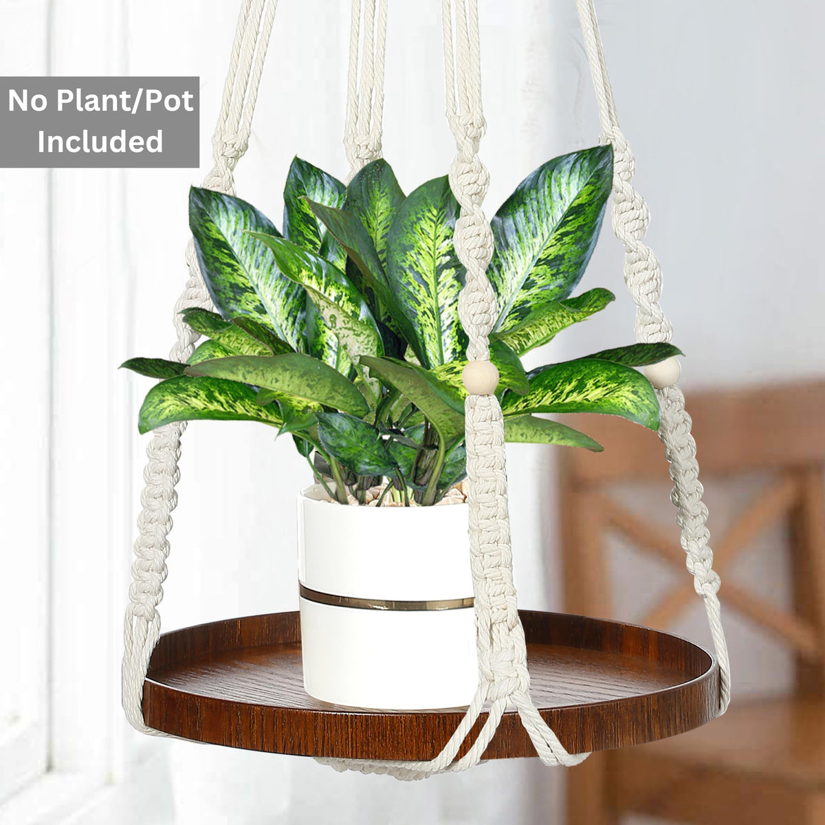 Shineloha natural wood shelf 12-inch paired with macrame hanger for plant displays