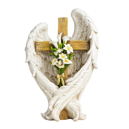 ShineOnAngel 12-inch statue with angel wings embracing a cross, ideal for memorial displays.