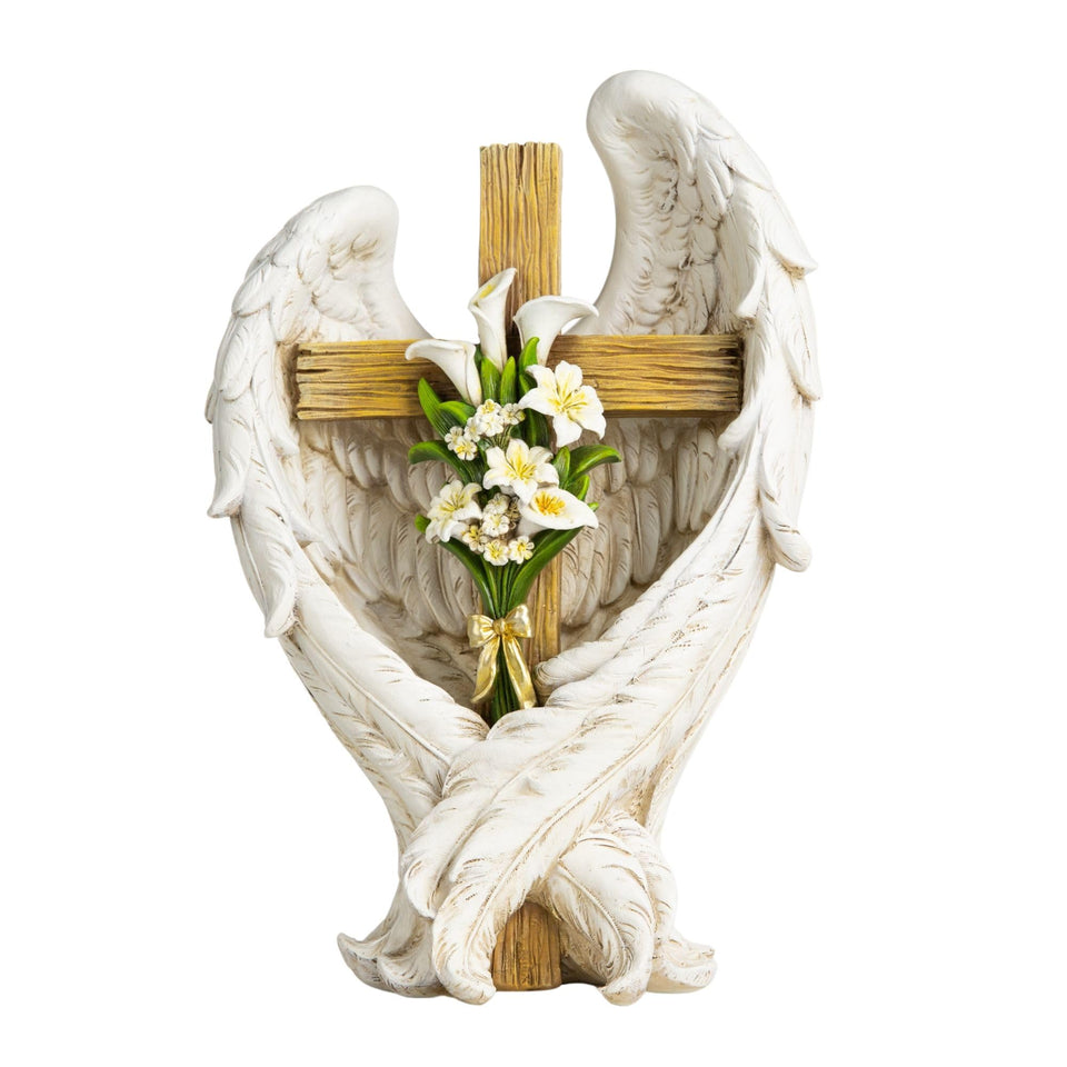 ShineOnAngel 12-inch statue with angel wings embracing a cross, ideal for memorial displays.