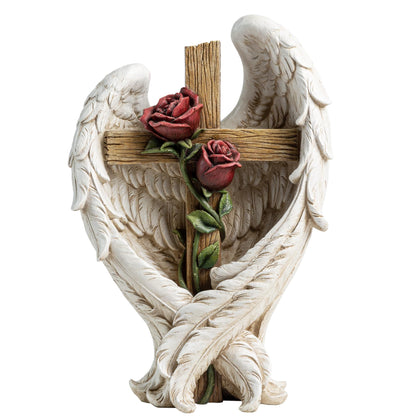 ShineOnAngel 12inch statue with angel wings embracing a cross, ideal for serene garden displays.