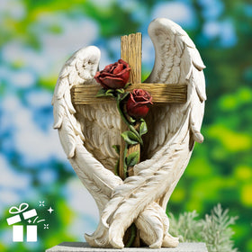 ShineOnAngel front view statue showing serene angel embrace and cross centerpiece.