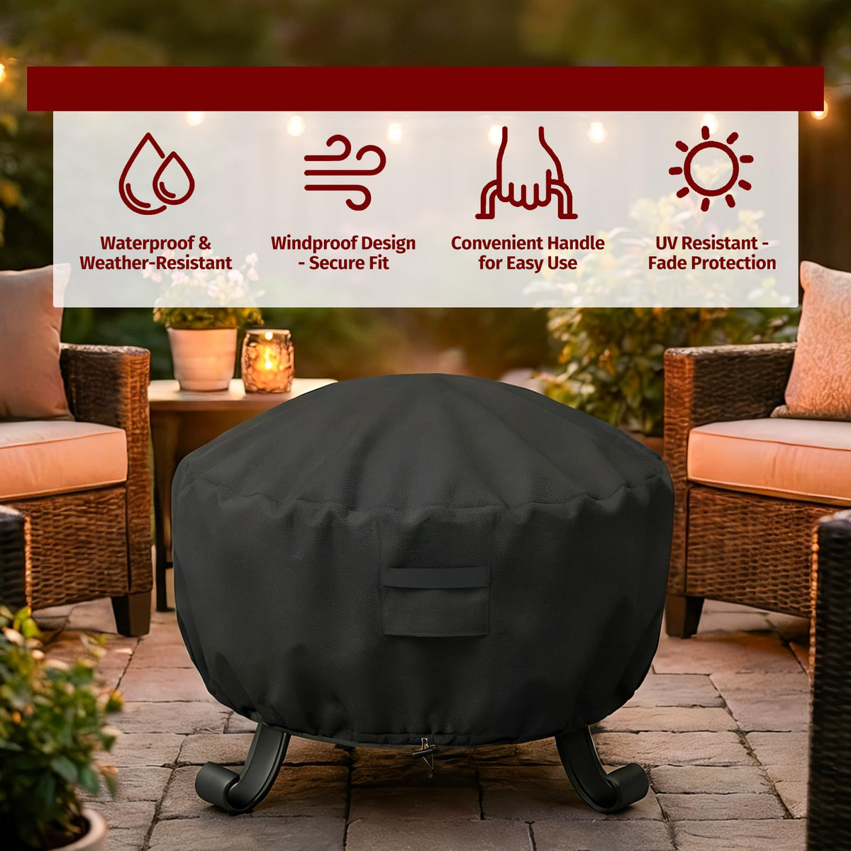 Durable SHINESTAR 600D oxford fabric protects the round fire pit cover.
