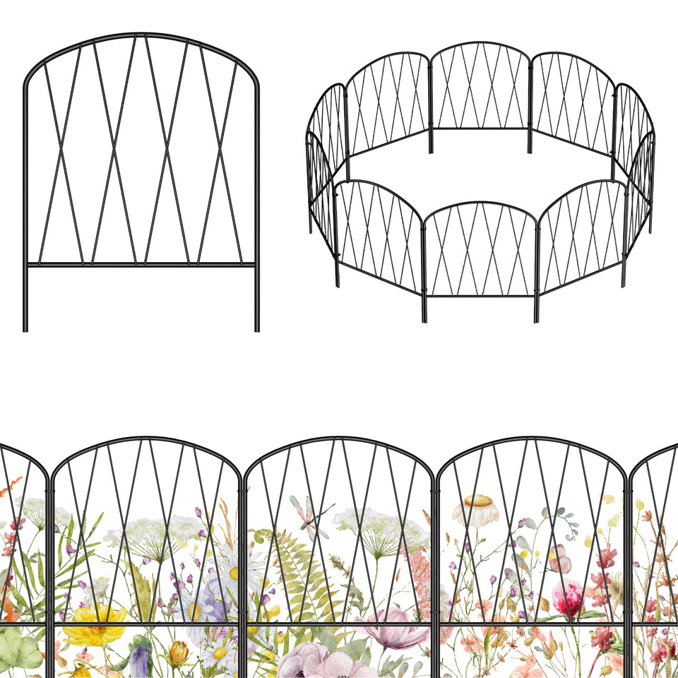 Shinoske decorative garden fence panel close-up shows black rust-proof finish.