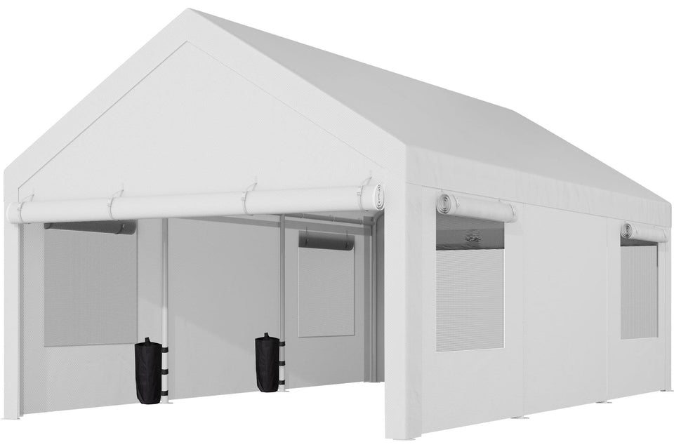 Shintenchi 12x20 carport exterior view showing spacious shelter for vehicle protection from sun and rain