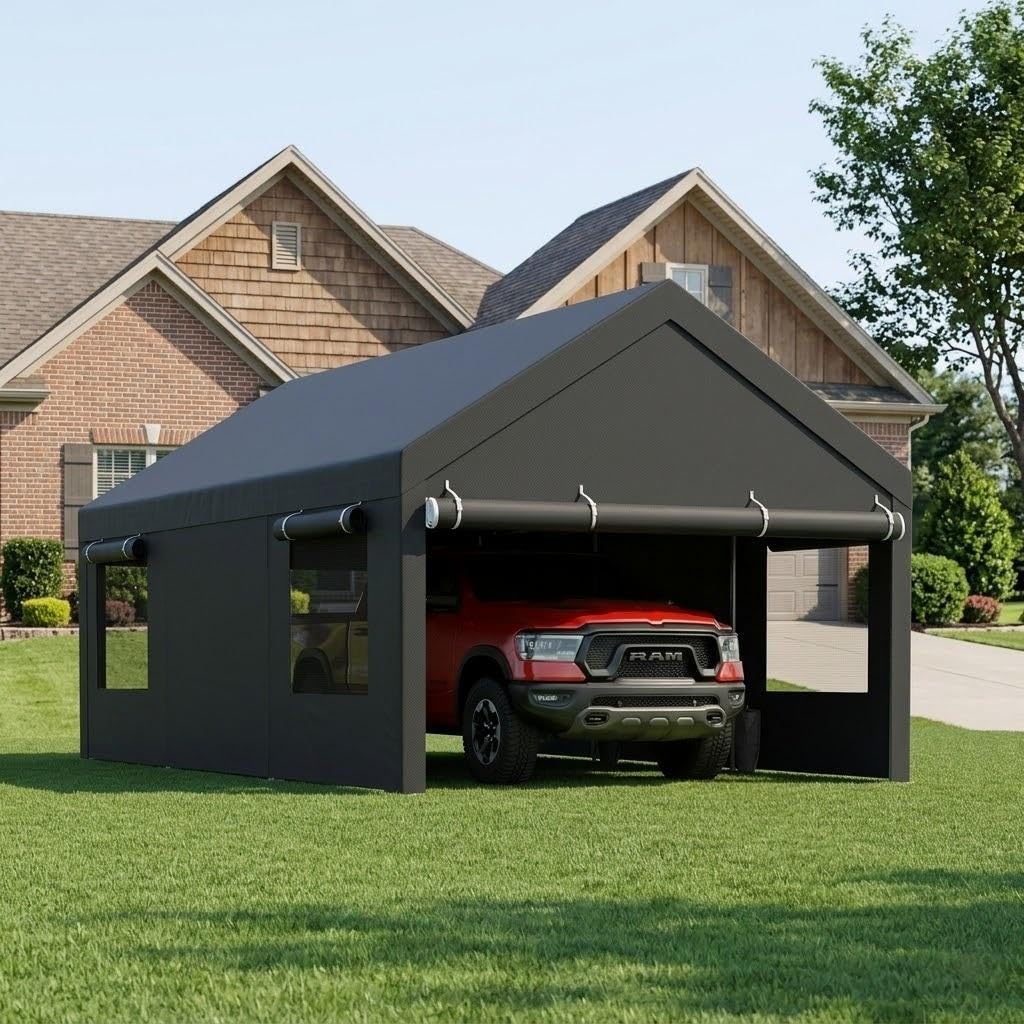 Shintenchi 12x20 carport front view protecting a car from sun and rain.
