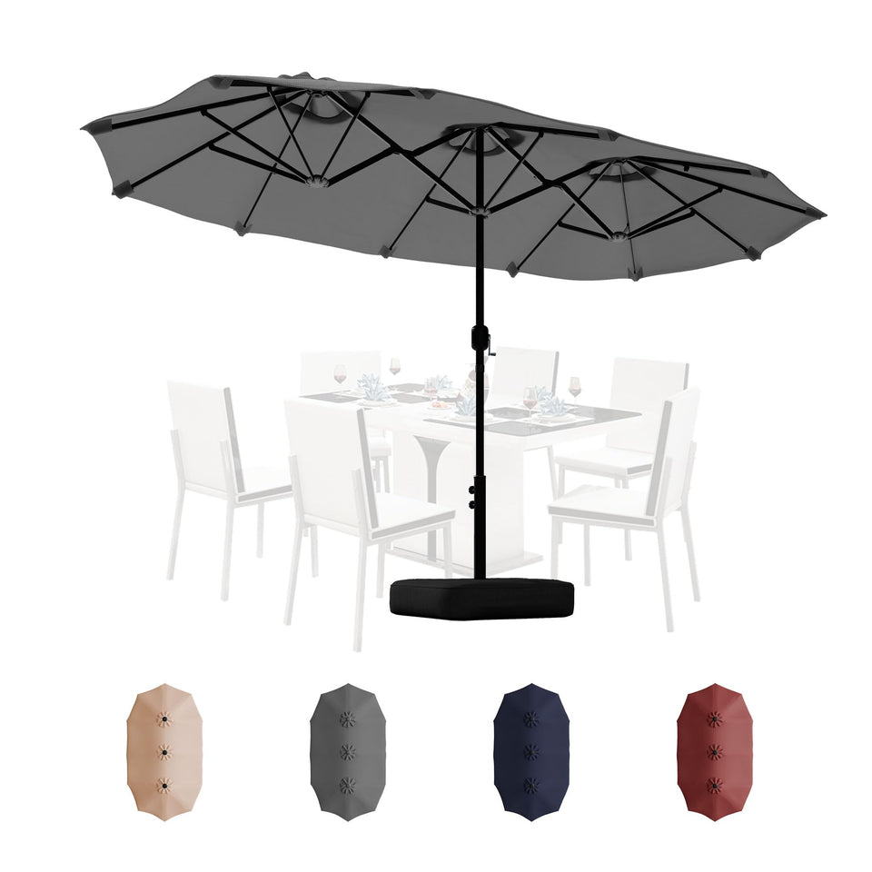 Shintenchi 13ft patio umbrella with base included provides stable shade for outdoor seating.