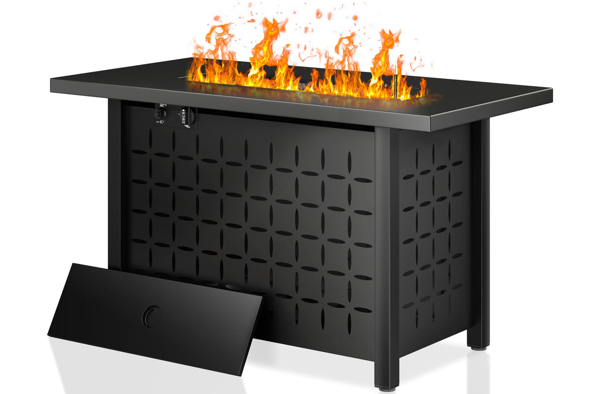 Shintenchi 43-inch fire pit table with lid enabling quick outdoor dining conversion.