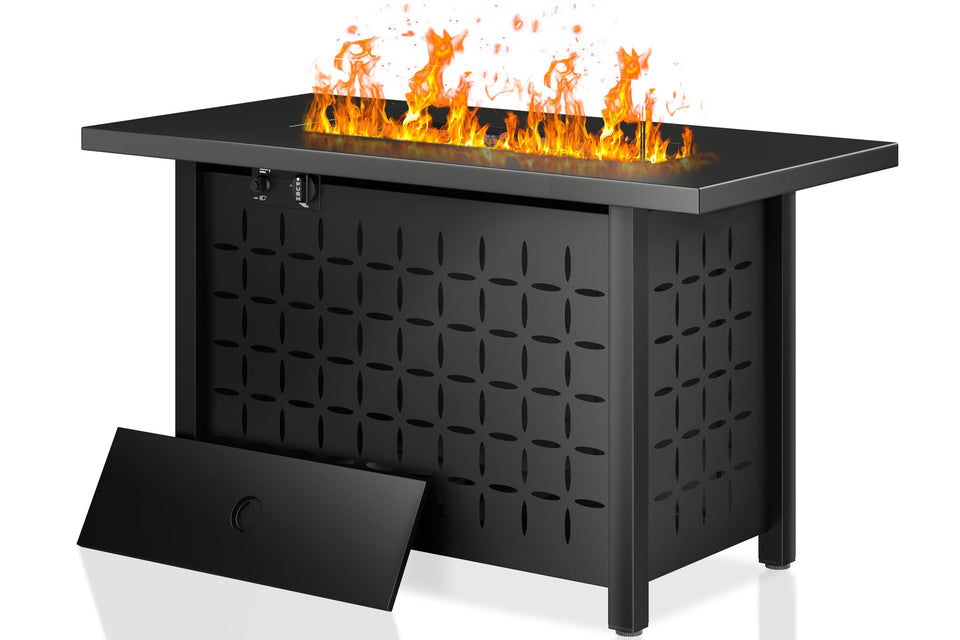 Shintenchi 43-inch fire pit table with lid enabling quick outdoor dining conversion.