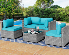 Shintenchi 5-piece outdoor set corner sofa with blue cushions for poolside lounging.