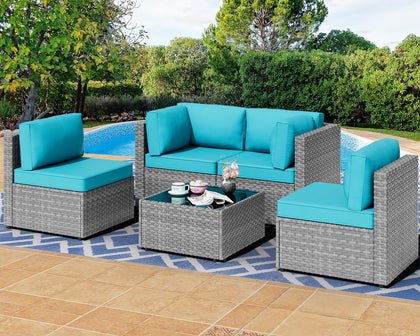 Shintenchi 5-piece outdoor set corner sofa with blue cushions for poolside lounging.