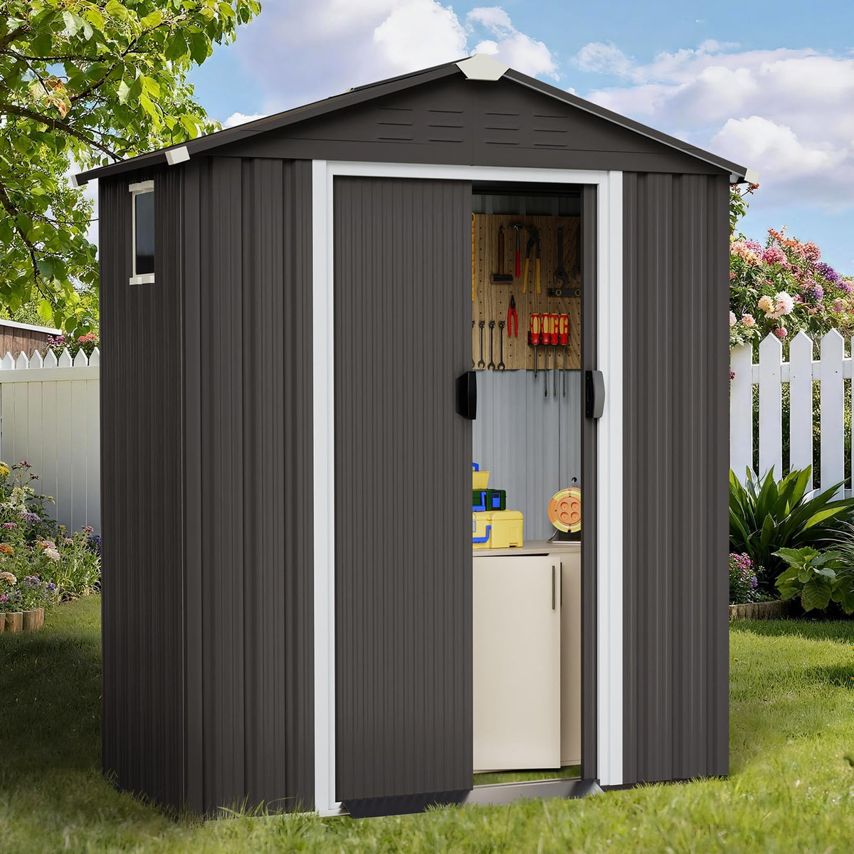 Shintenchi 5x3 ft shed with window provides organized tool storage and easy access.