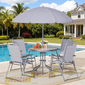 Shintenchi 6-piece patio dining set with umbrella provides shaded outdoor meals.