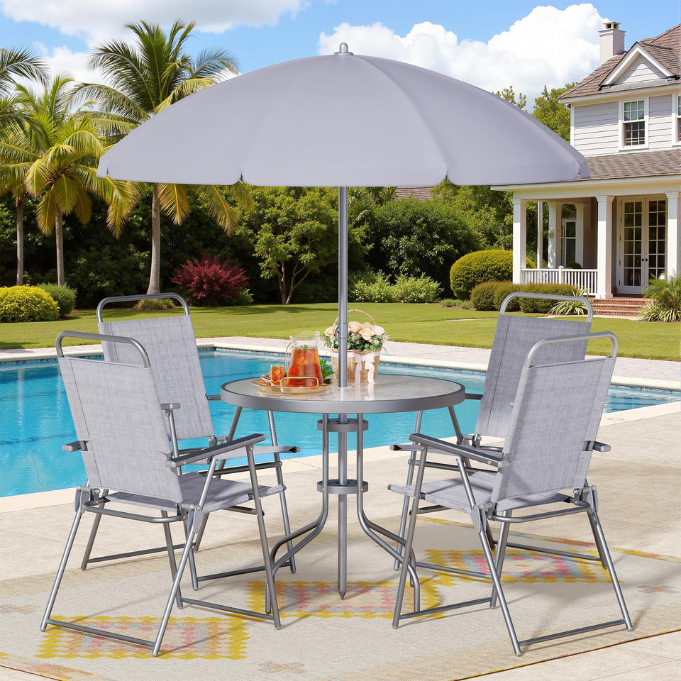 Shintenchi 6-piece patio dining set with umbrella provides shaded outdoor meals.