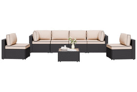 Shintenchi 7-piece outdoor sofa set arranged in corner layout for flexible lounging.