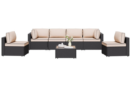 Shintenchi 7-piece outdoor sofa set arranged in corner layout for flexible lounging.