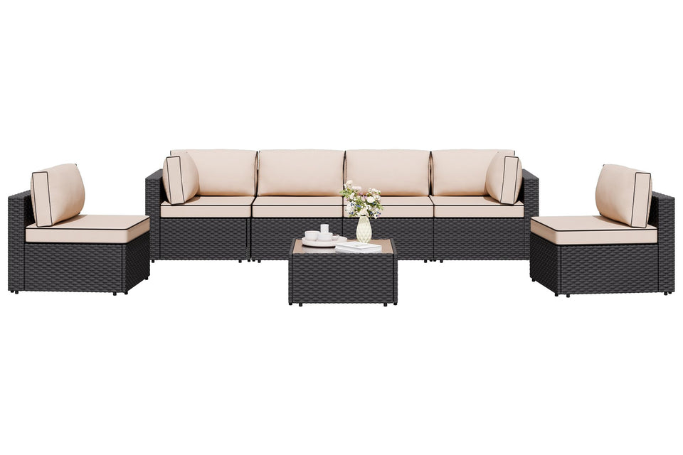 Shintenchi 7-piece outdoor sofa set arranged in corner layout for flexible lounging.