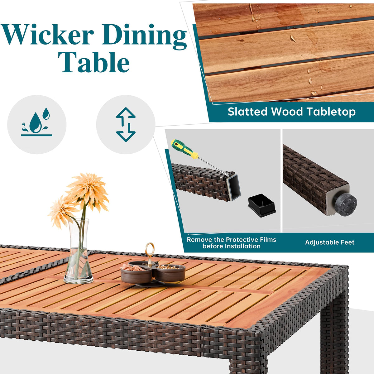 Shintenchi 7-piece dining set acacia wood table top adds natural warmth.