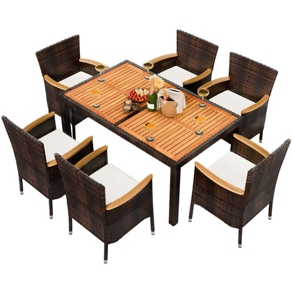 Shintenchi 7-piece patio dining set table top shows durable wooden surface for meals.