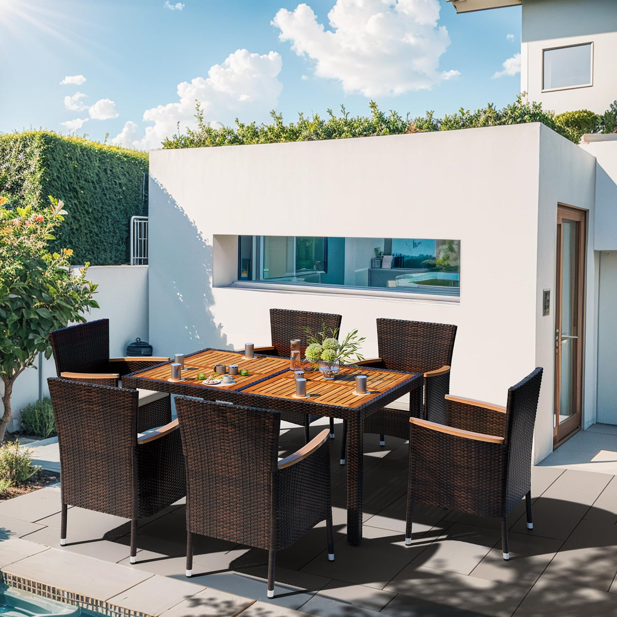 Shintenchi 7-piece dining set wicker chairs with cushions invite relaxed outdoor seating.