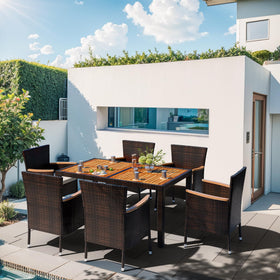 Shintenchi 7-piece dining set wicker chairs with cushions invite relaxed outdoor seating.