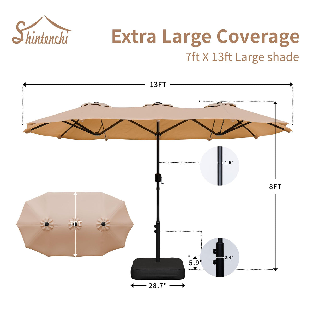 Shintenchi double-sided rectangular umbrella offers expansive sun coverage for patios.