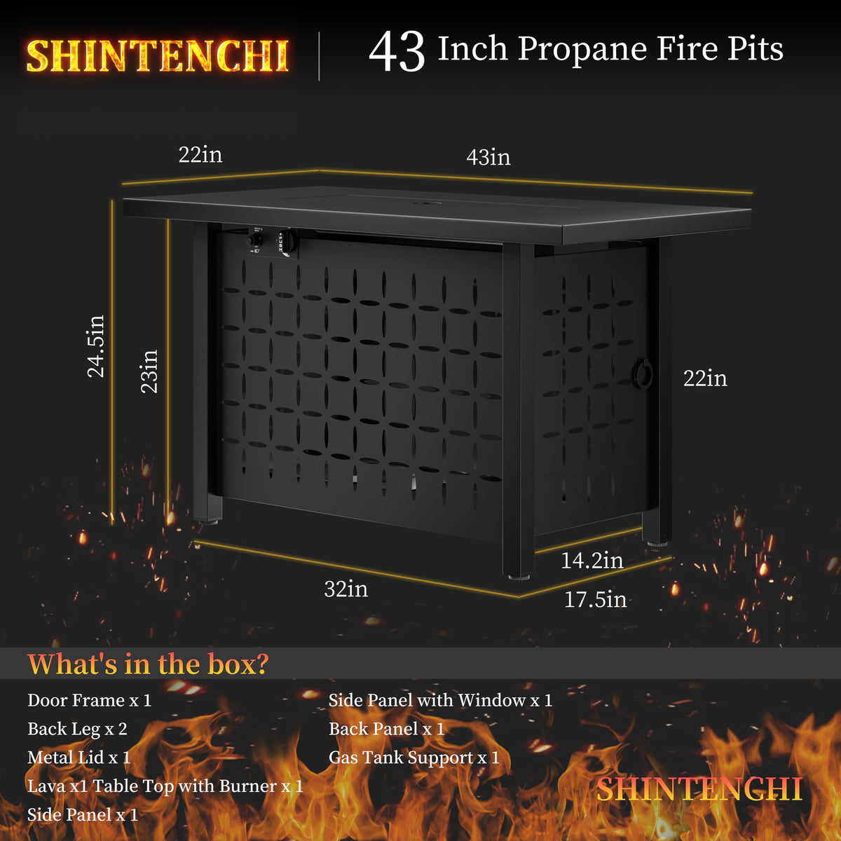 Shintenchi 50k BTU flame for powerful outdoor warmth on cool evenings.