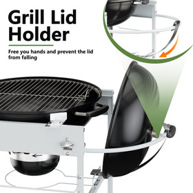 Shintenchi grill-table side-view demonstrates mobility with wheels for easy repositioning.