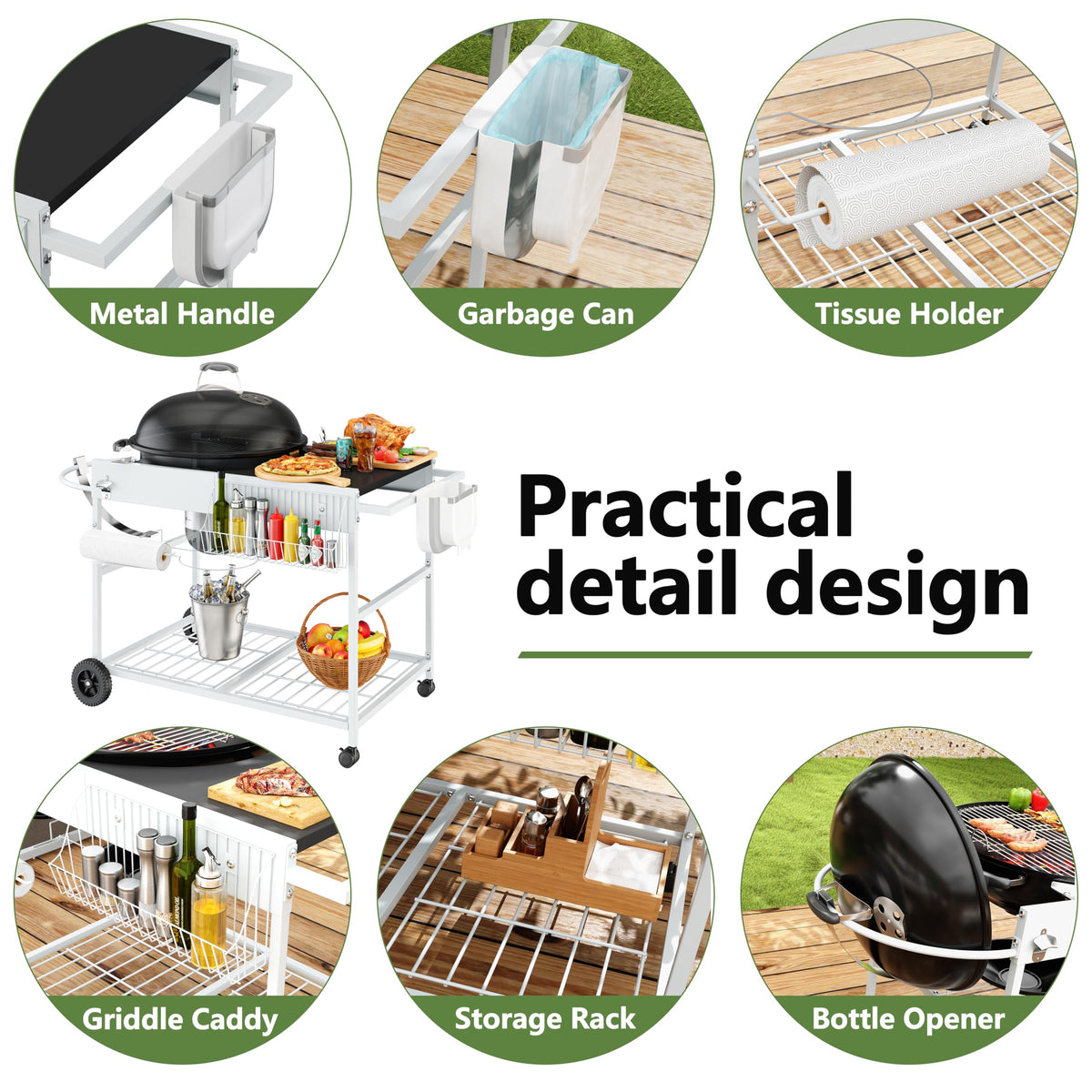 Shintenchi grill-table worksurface-organization showcases built-in lid holder, spice basket, and hooks.