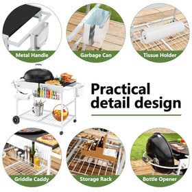 Shintenchi grill-table worksurface-organization showcases built-in lid holder, spice basket, and hooks.