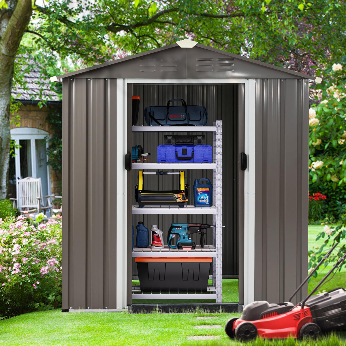 Shintenchi lockable outdoor shed doors ensure secure storage of tools and equipment.