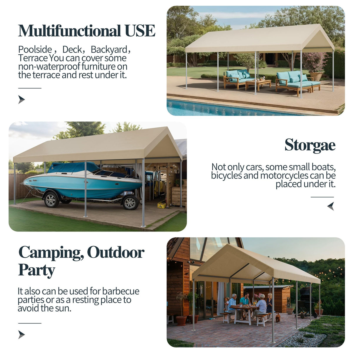 Shintenchi carport in use as storage and shade for outdoor activities.