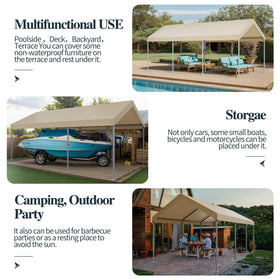 Shintenchi carport in use as storage and shade for outdoor activities.