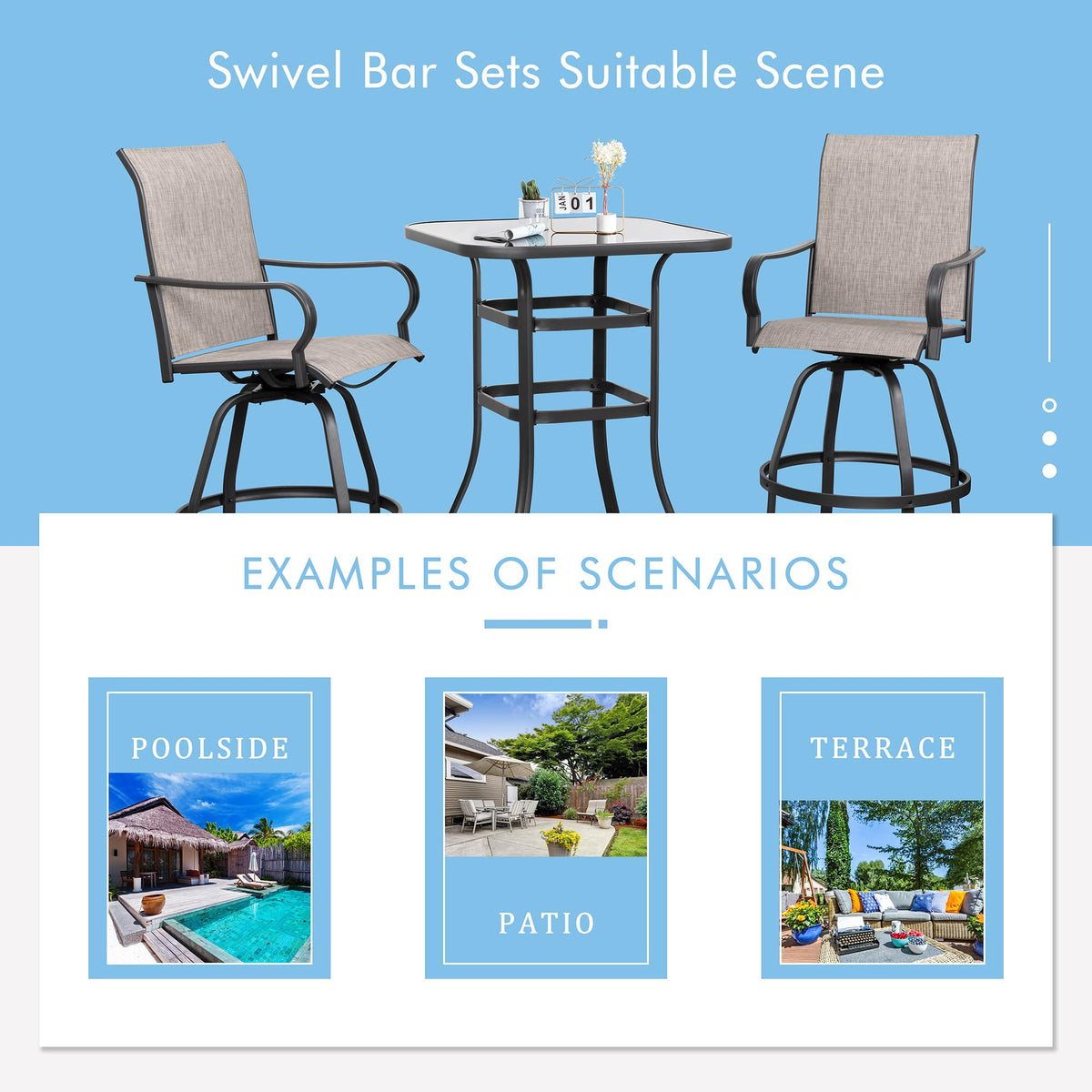 Shintenchi outdoor bar stools with ergonomic backrest for comfortable seating.