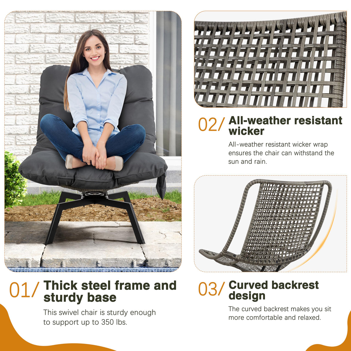Shintenchi outdoor wicker swivel chair close-up on grey cushion and weave detail