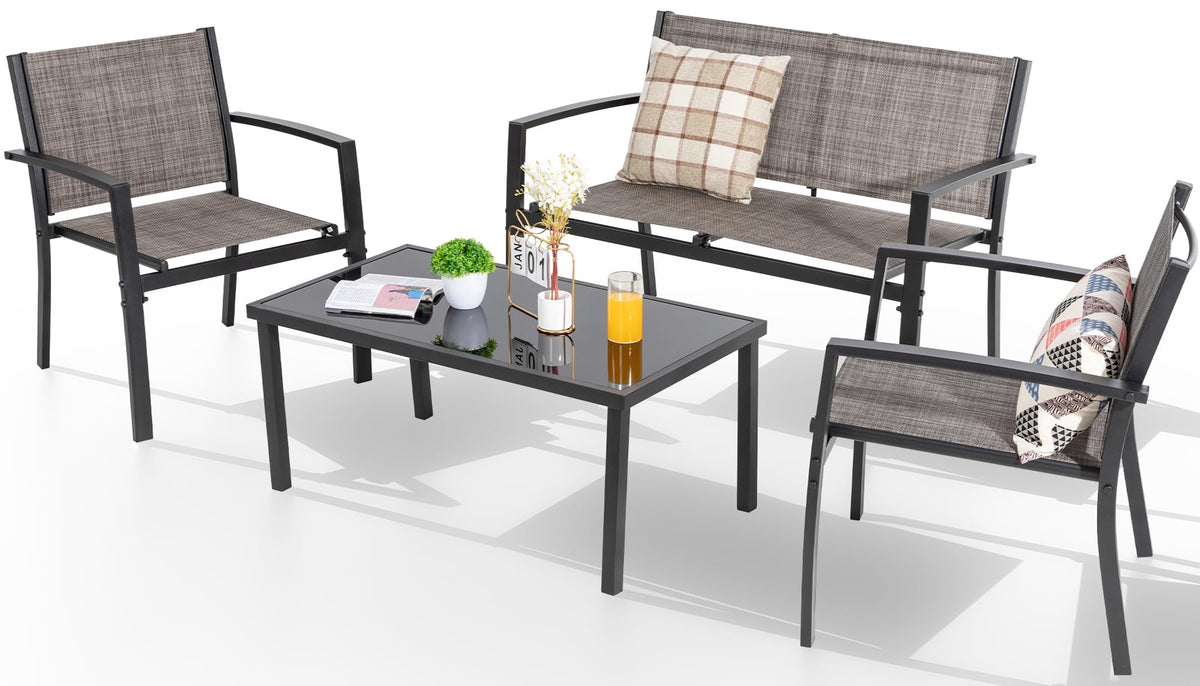Shintenchi patio set with glass table, ideal for outdoor dining and conversations.