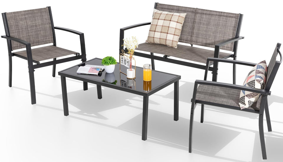 Shintenchi patio set with glass table, ideal for outdoor dining and conversations.