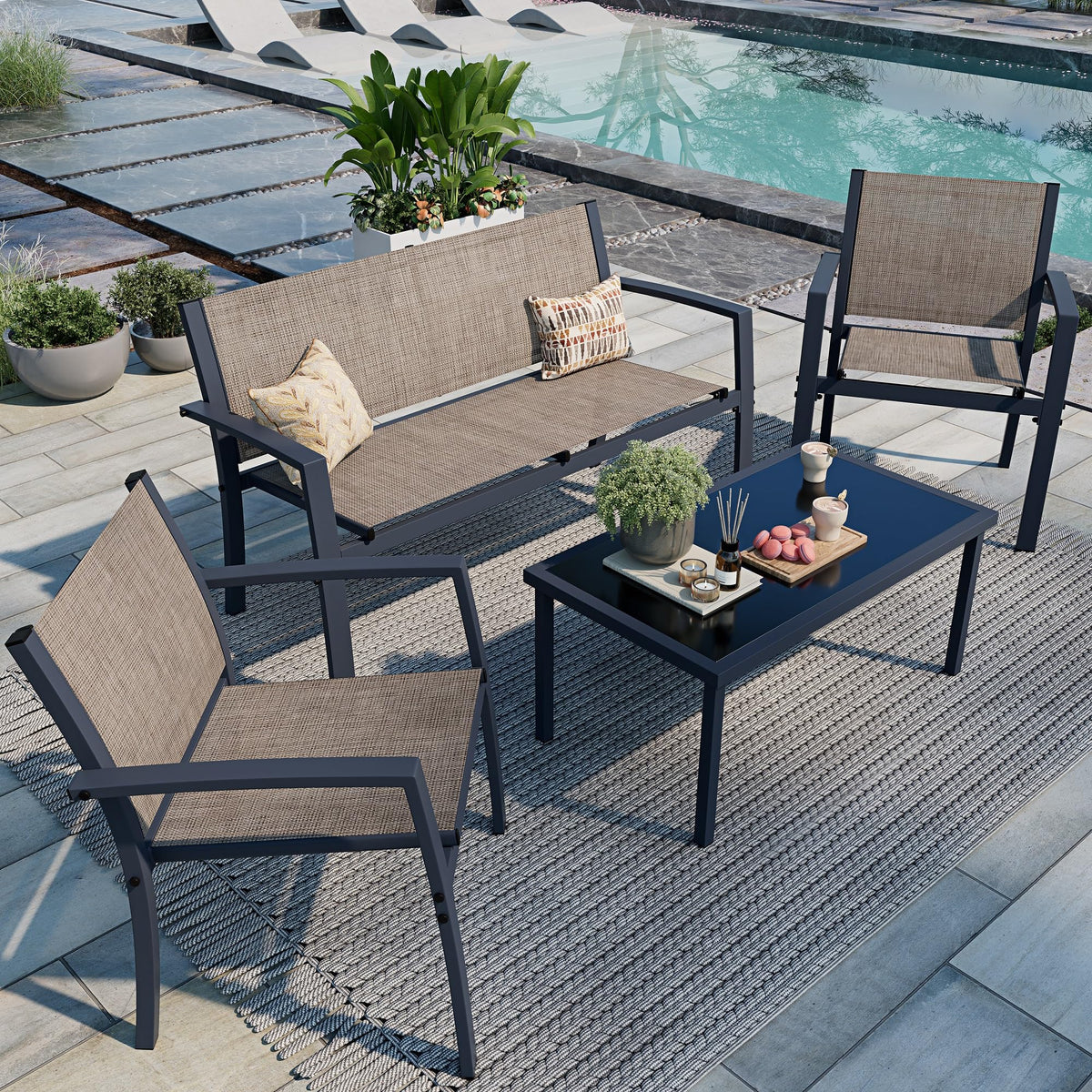 Shintenchi four-piece patio set on deck, showcasing modern, durable frame.