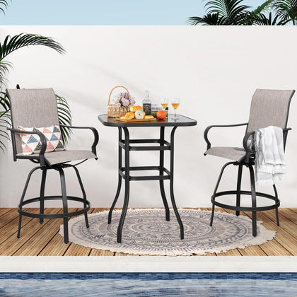 Shintenchi patio swivel bar stools set with breathable fabric for outdoor comfort.