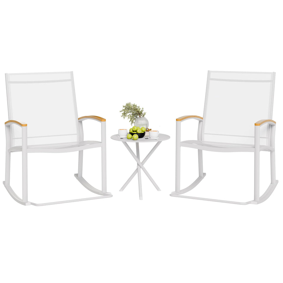 Shintenchi rocking bistro set on a white porch for relaxed afternoons