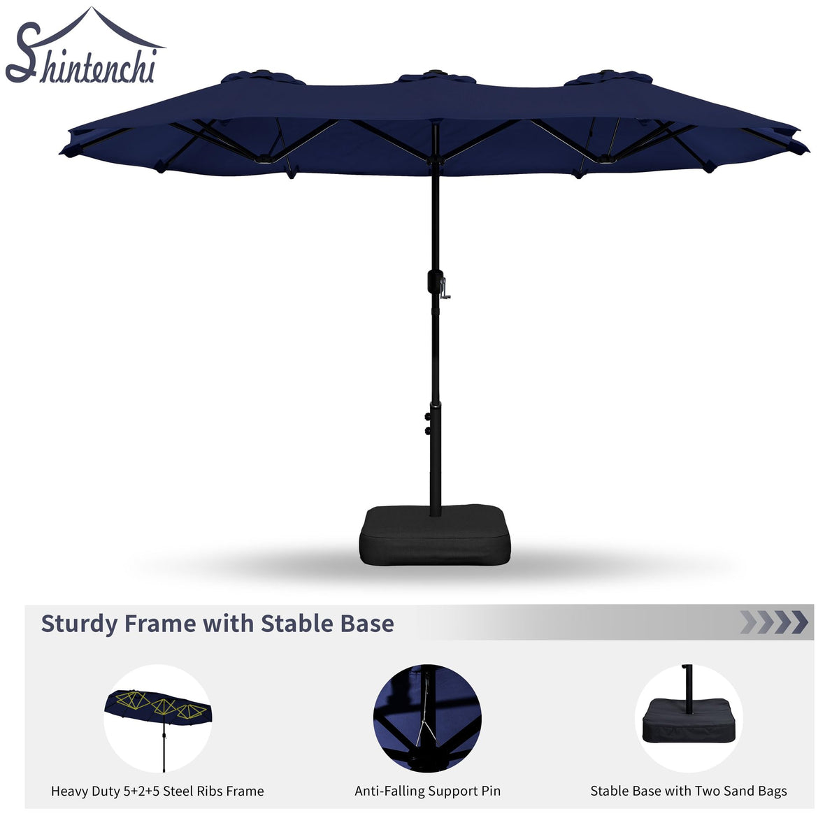 Shintenchi dark-blue canopy adds style and UV shade for patios.