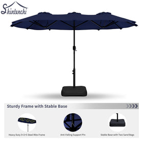 Shintenchi dark-blue canopy adds style and UV shade for patios.