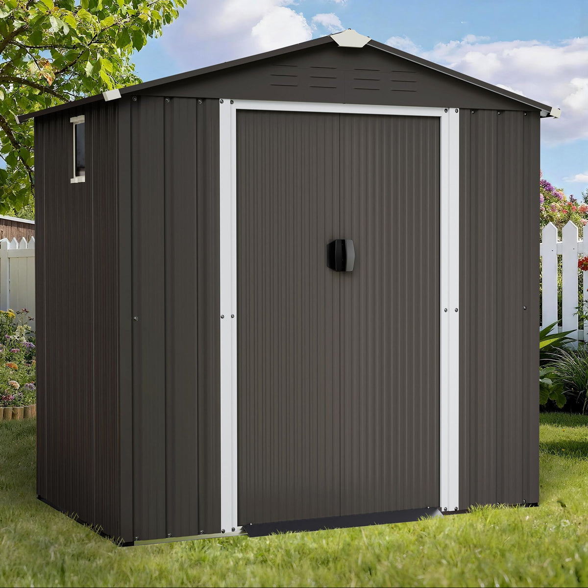 Shintenchi weatherproof metal shed resists rain and wind for year-round reliability.