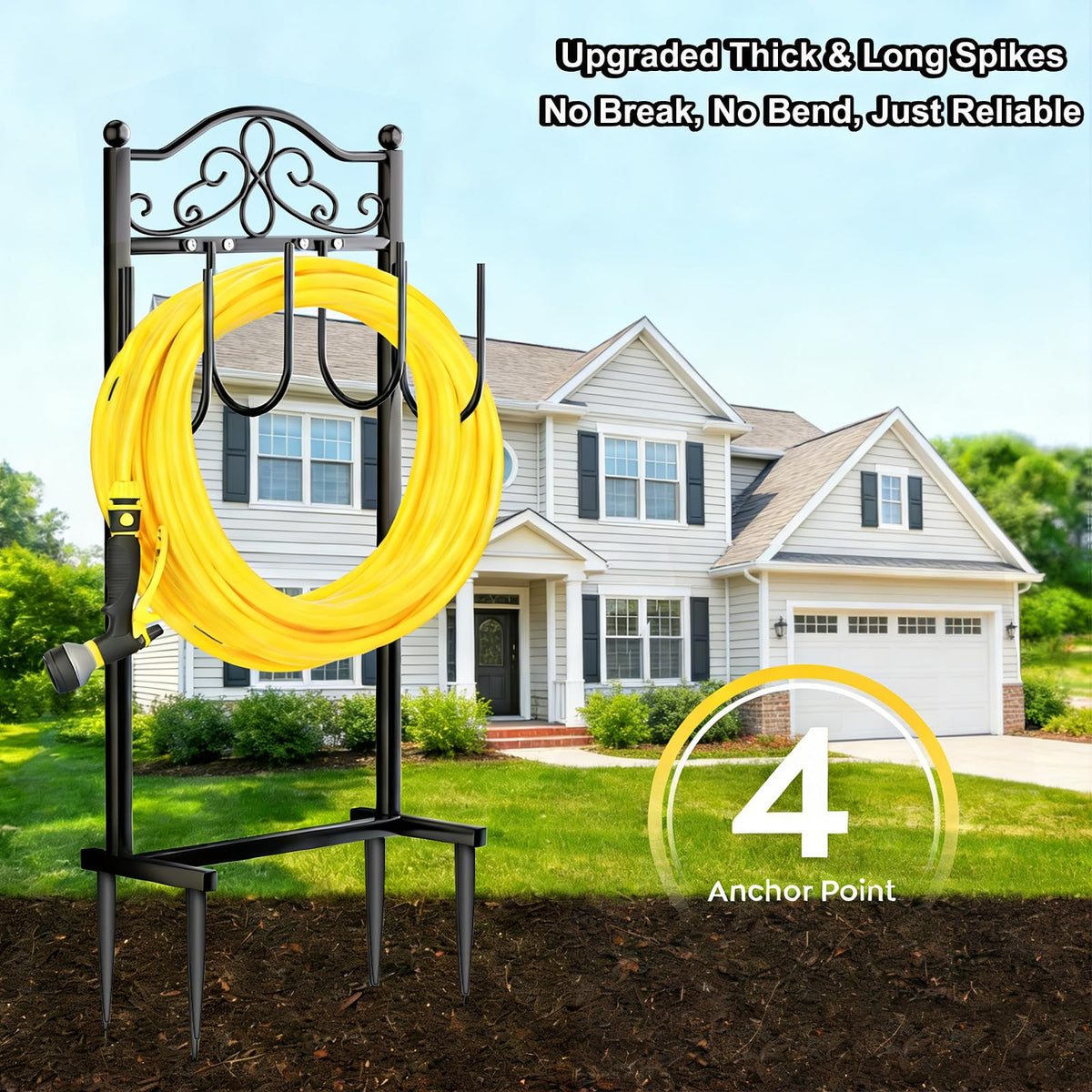 Shomextol 100 ft capacity frame keeps long hoses neatly coiled and accessible.